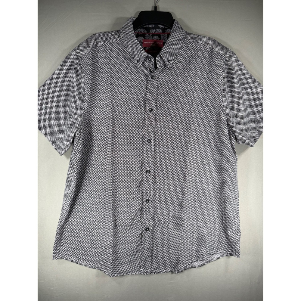 Report Collection Mens XL Hyper Stretch Button Down Shirt Black White Geometric